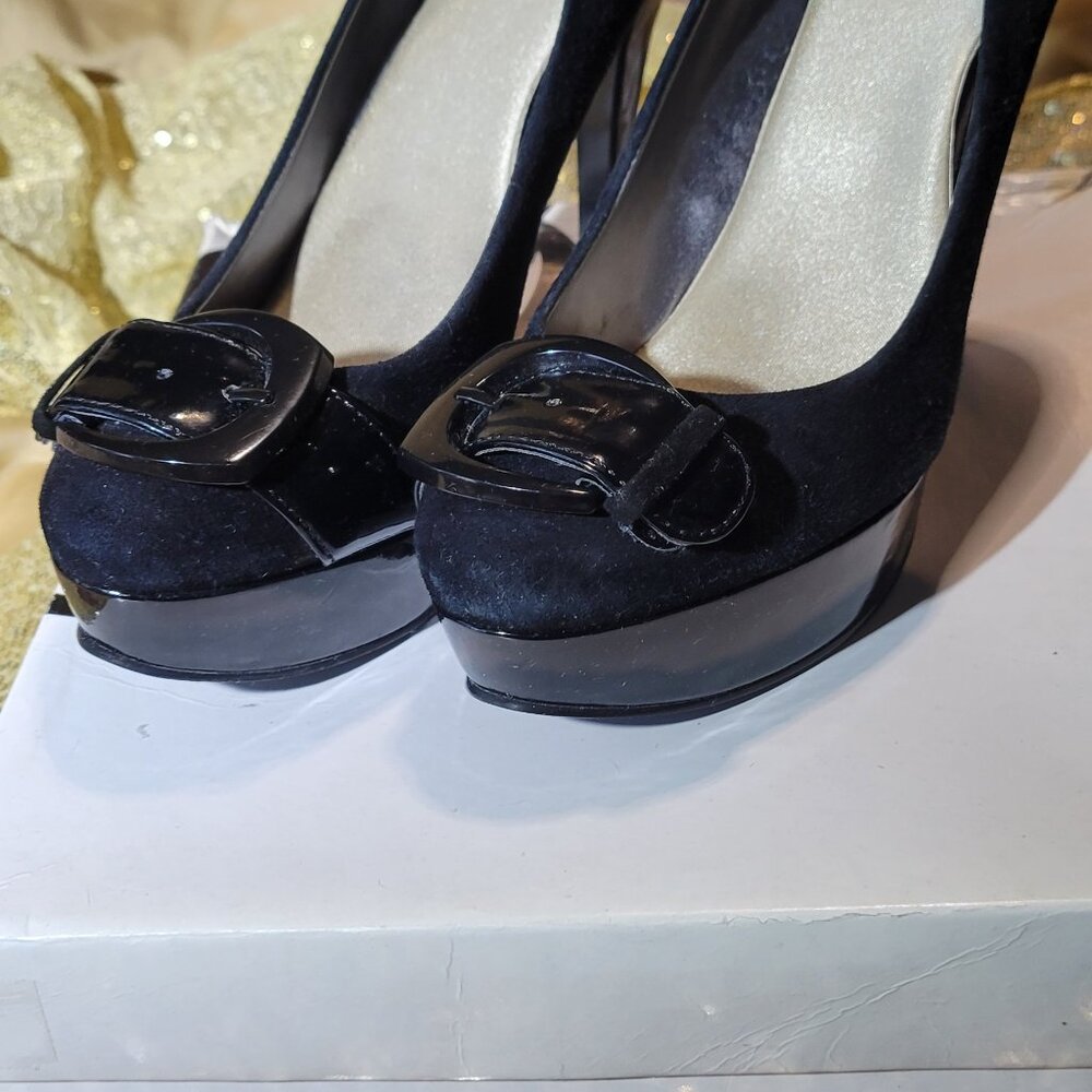 Women's Nine West Black suede and black leather strap pump, 5 inch heal size 6.5
